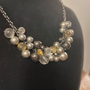 Grace Adele Gunmetal Faux Pearl Crystal Cluster Bib Statement Necklace Yellow